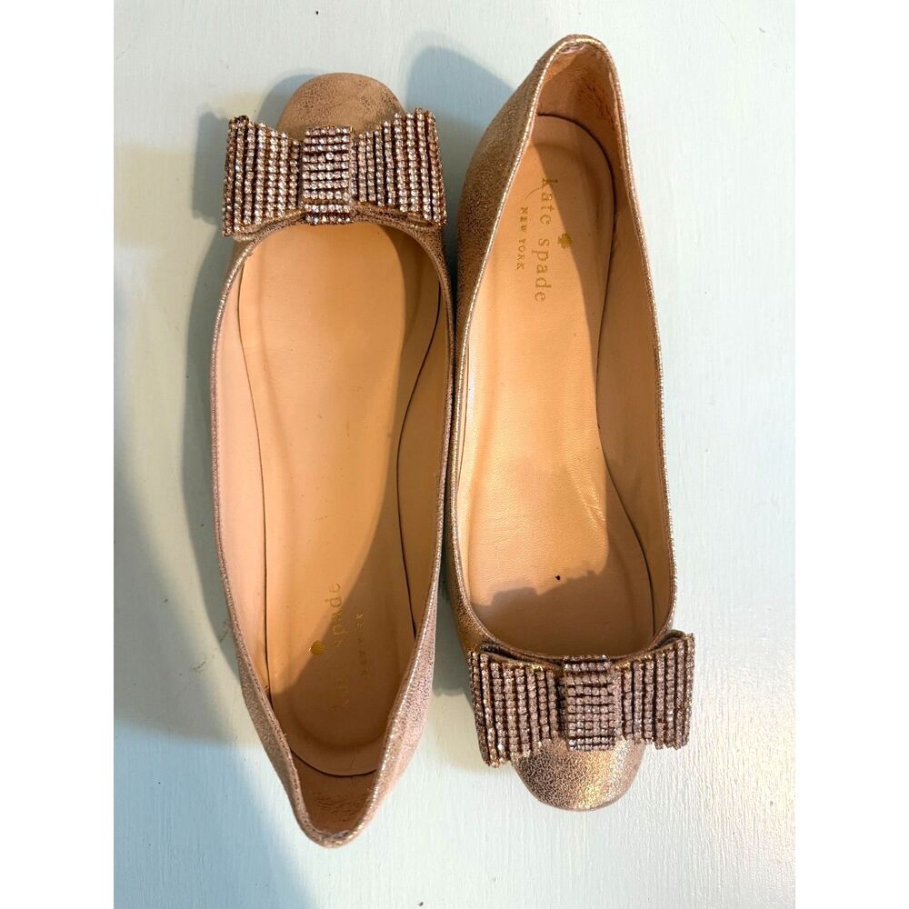 Kate Spade Noelle Metallic Gold Crystal Bow Ballet Flats Size 7 Made Italy